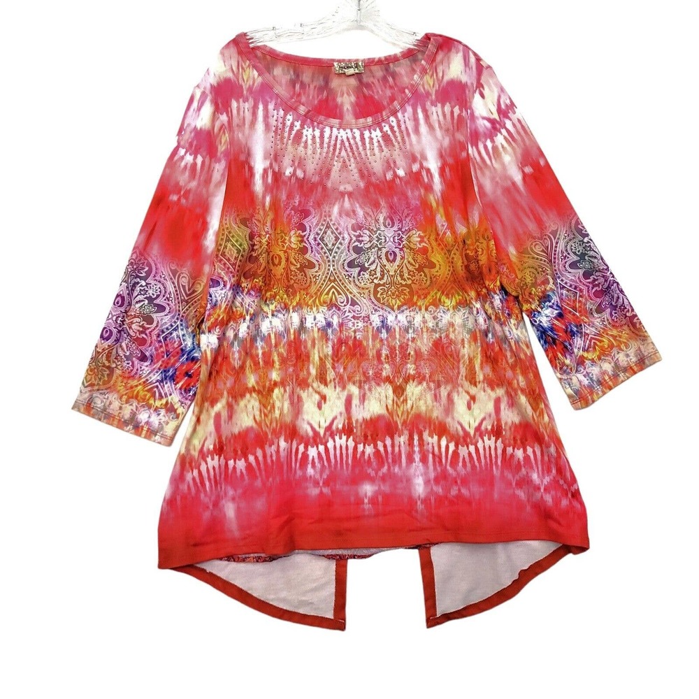 ONE WORLD Sz 1X Knit Boho Tunic Rhinestone Paisley Stretch Long Sleeve Layered